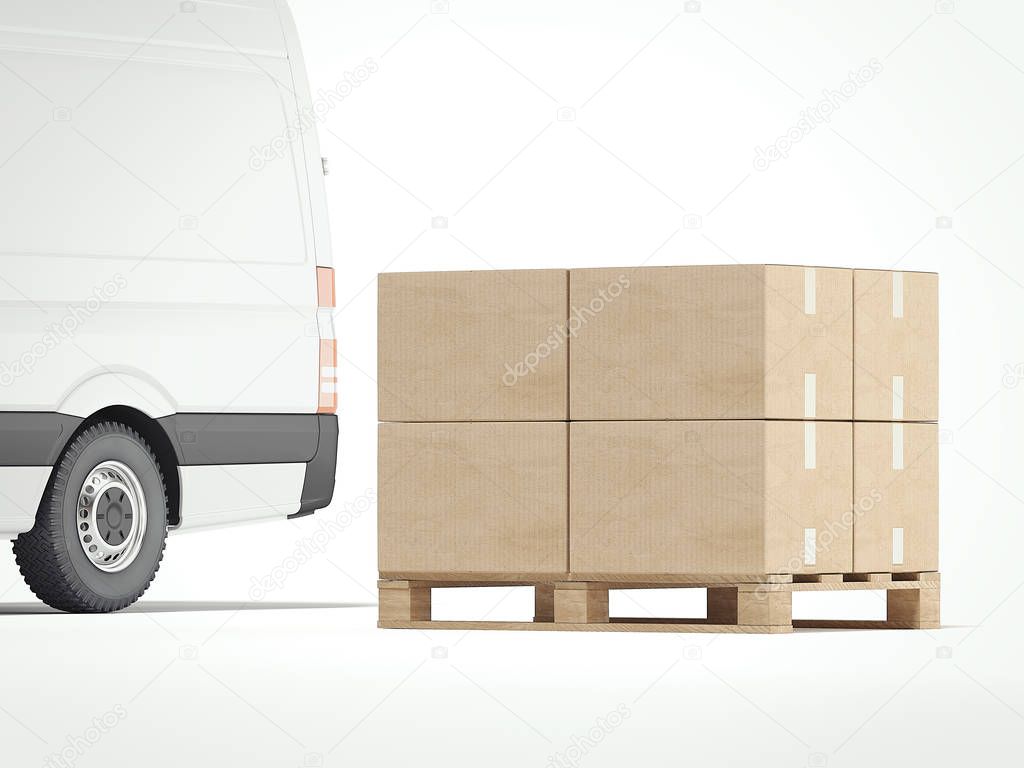 White truck with brown packages. 3d rendering