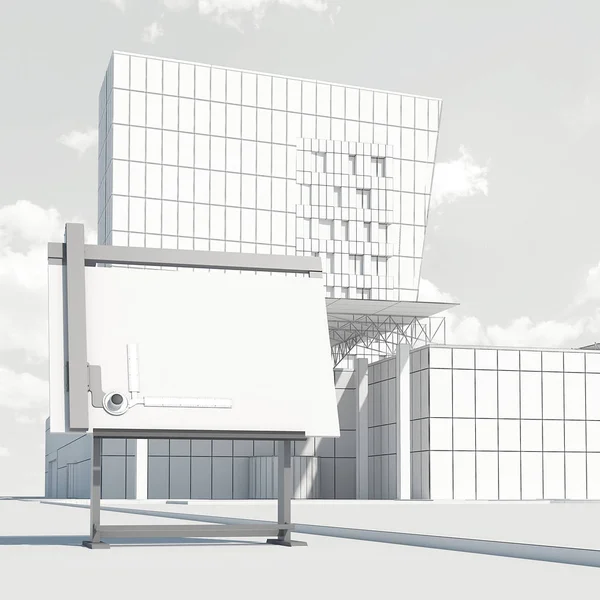 Placa de desenho e projecto do edifício de escritórios moderno. Renderização 3d — Fotografia de Stock