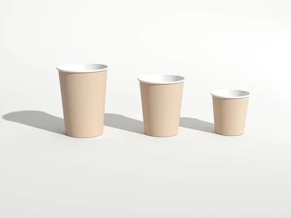 Brown paper cups on bright floor. 3d rendering — Stock Photo, Image