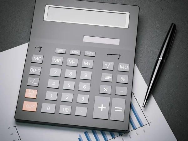 Calculator on a sheet with charts. 3d rendering — Stock Photo, Image