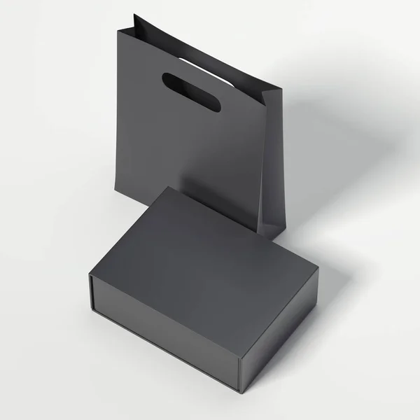 Bolsa de compras negra con paquete en blanco. renderizado 3d —  Fotos de Stock