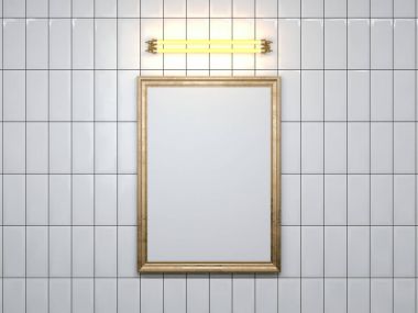 Boş resim çerçevesi ile Duvar lambası. 3D render