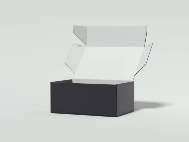 Siyah karton ambalajlama açıldı. 3D render