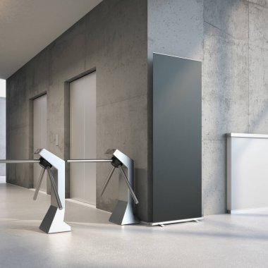 Siyah toplaması afiş ofis binası girişinde. 3D render