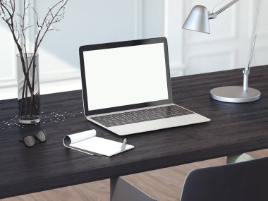 Laptop on the black wooden table. 3d rendering clipart