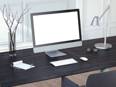 Siyah ahşap masa modern bilgisayarda. 3D render