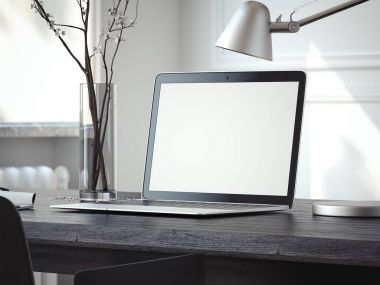 Siyah masa üstünde gümüş laptop. 3D render