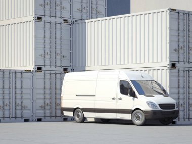 Minibüs yakınındaki beyaz saklama kapları. 3D render