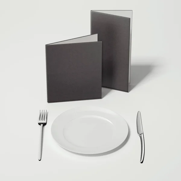 Black restaurant menu and white plate. 3d rendering — Stock Photo, Image