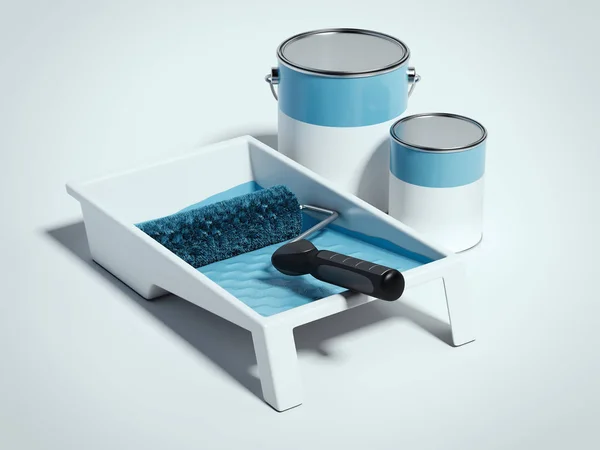 Farbschale und blauer Roller vorhanden. 3D-Darstellung — Stockfoto