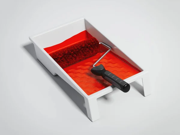 Bandeja de pintura y rodillo rojo. renderizado 3d — Foto de Stock