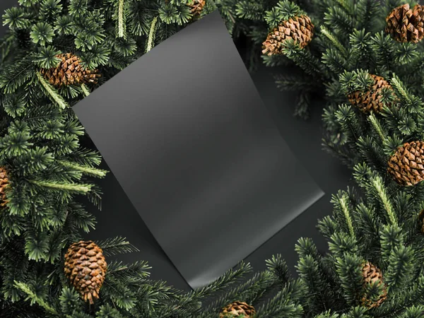 Black sheet of paper among Christmas decorations. 3d rendering — Stock Photo, Image