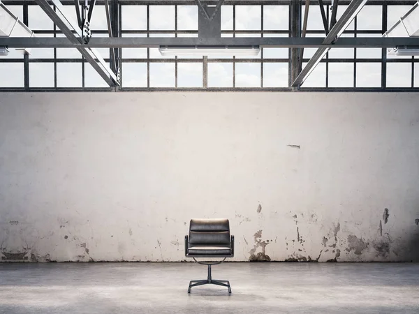Fekete szék egy elhagyott gyárban. 3D-leképezés — Stock Fotó