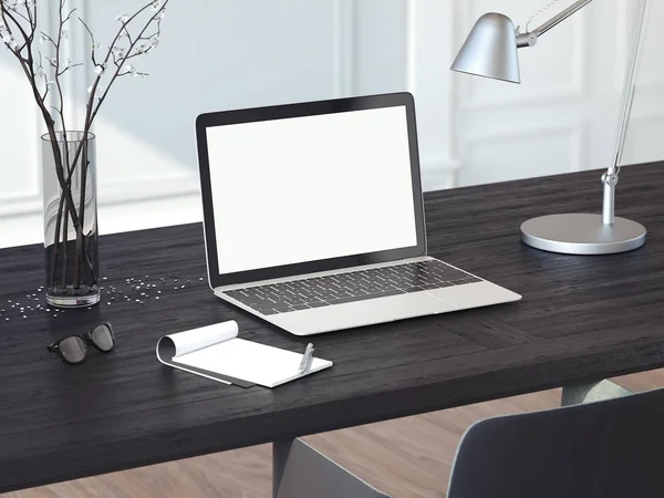 Laptop op zwarte houten tafel. 3D-rendering — Stockfoto