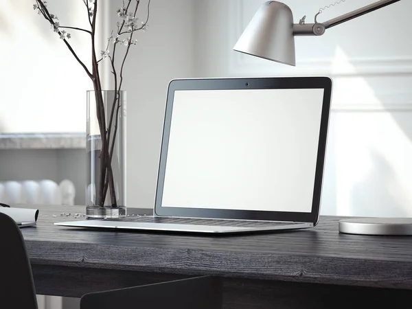 Silberner Laptop auf dem schwarzen Tisch. 3D-Darstellung — Stockfoto