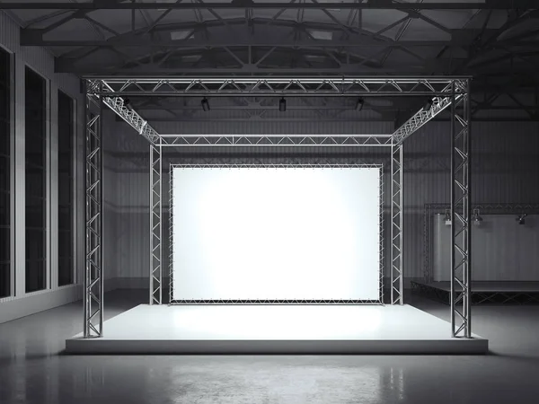 Современный металлический стенд с белым баннером. 3d-рендеринг — стоковое фото