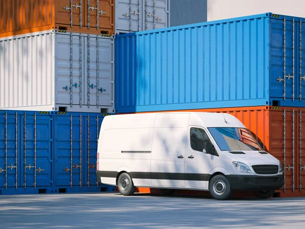 Witte busje in de buurt van opslagtanks. 3D-rendering — Stockfoto