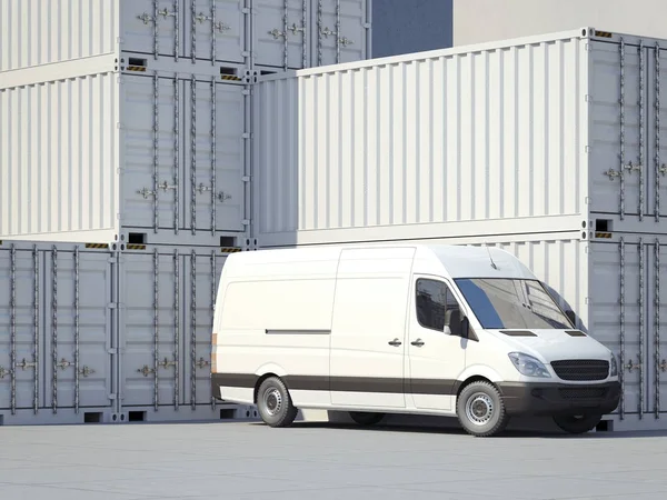 Minivan near white storage containers. 3d rendering — Stock Photo, Image