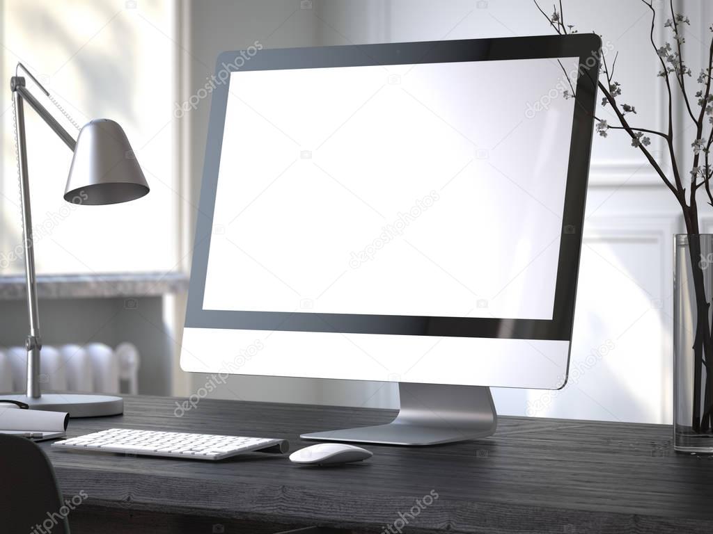 Modern computer on the black table. 3d rendering