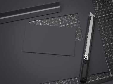 Office kesme tahtası ve siyah kartvizit kağıttan. 3D render