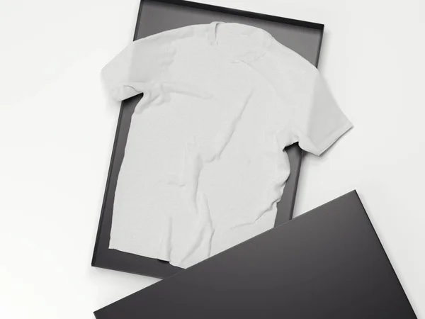 Weißes T-Shirt in einer schwarzen Schachtel. 3D-Darstellung — Stockfoto