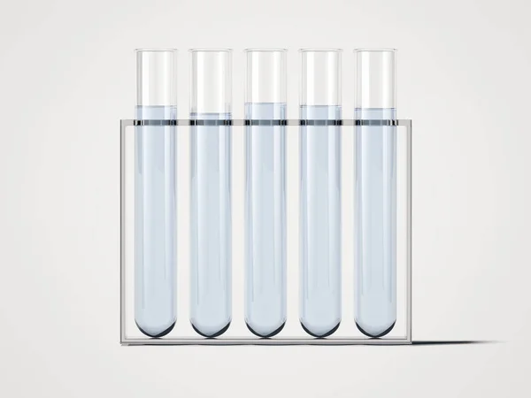 Cinco misturadores de teste com líquido azul. Renderização 3d — Fotografia de Stock