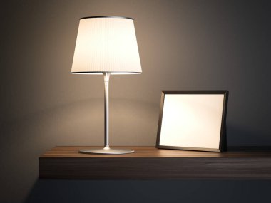 Resim çerçevesi bir raf üzerinde. 3D render