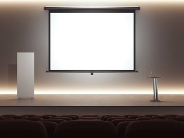 Dark lecture room with digital rostrum and big screen. 3d rendering clipart