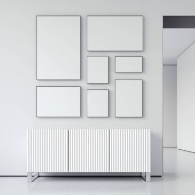 Yedi resim çerçeveleri ile parlak oda. 3D render