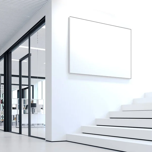 Білі кроки в офісі і порожня рамка зображення. 3D візуалізація — стокове фото