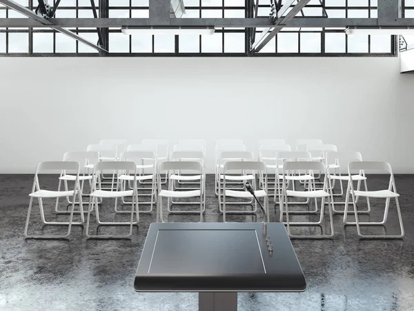 Heldere conferentiekamer met tribune en microfoon. 3D-rendering — Stockfoto