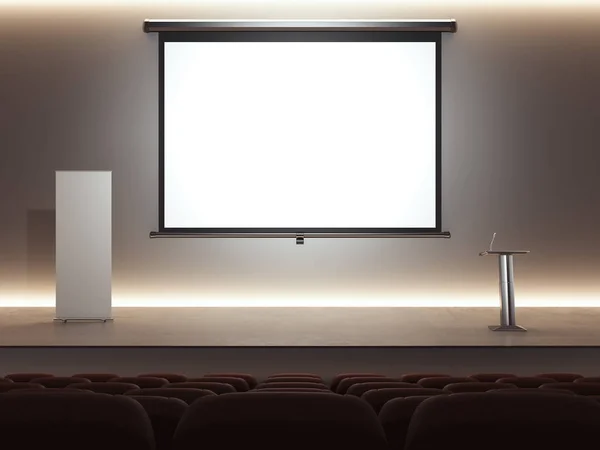 Salle de conférence sombre avec tribune numérique et grand écran. Rendu 3d — Photo