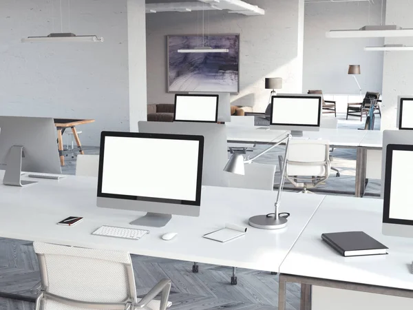 Coworking loft interiör med datorer. 3D-rendering — Stockfoto