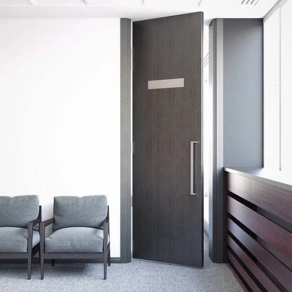 Ruang tunggu dan pintu terbuka dengan papan nama. Rendering 3d — Stok Foto