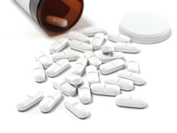 Os comprimidos brancos estão espalhados. Renderização 3d — Fotografia de Stock