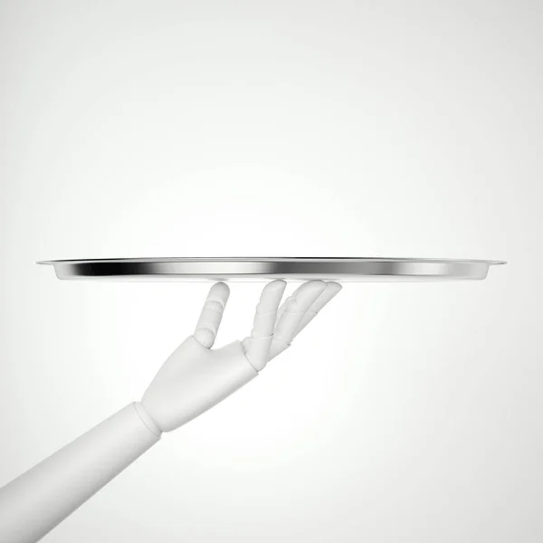 White robot hand with silver tray. 3d rendering — Stock Photo, Image