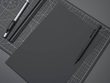 Office kesme tahtası cetvel, kalem ve siyah kağıt ile. 3D render
