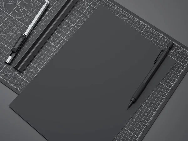 Tabla de cortar de oficina con regla, lápiz y papel negro. renderizado 3d —  Fotos de Stock