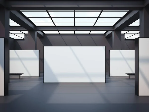 Dark exhibition hall with windows in the ceiling. 3d rendering