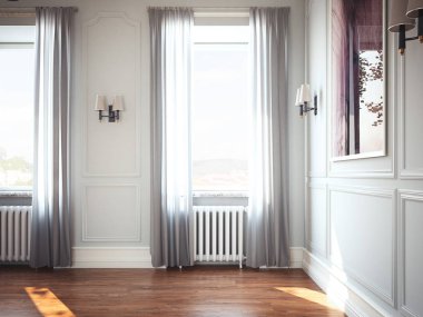 İç windows ve perdeler. 3D render