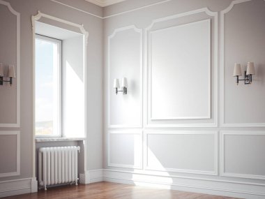 Gri duvarlar ve resim çerçevesi ile klasik iç. 3D render