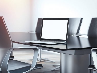 Ofis toplantı salonu masa ve dizüstü bilgisayar. 3D render