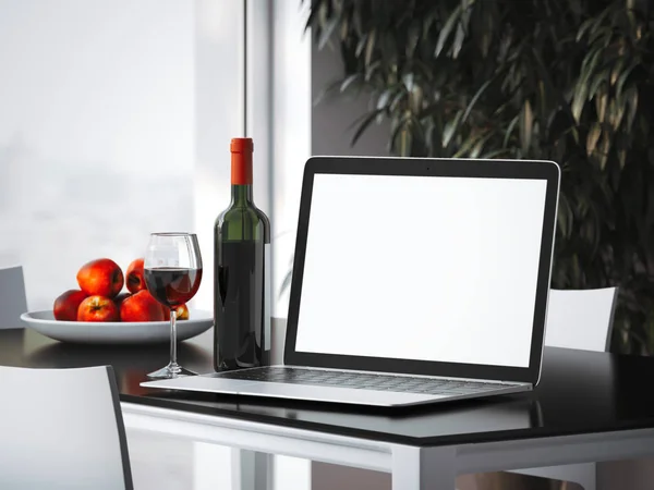 Το laptop πάνω στο τραπέζι με μπουκάλι. 3D rendering — Φωτογραφία Αρχείου