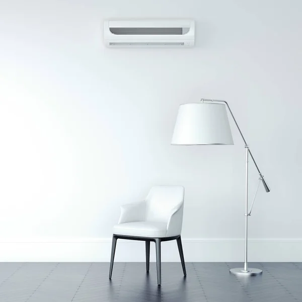Sauberes Zimmer mit Klimaanlage und weißem Stuhl. 3D-Darstellung — Stockfoto