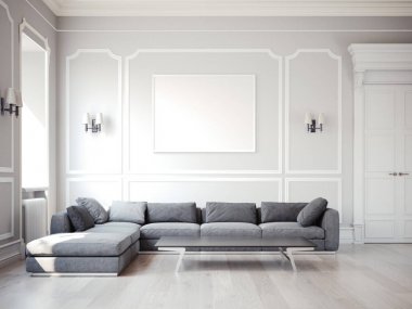 Büyük gri kanepe ile klasik iç. 3D render