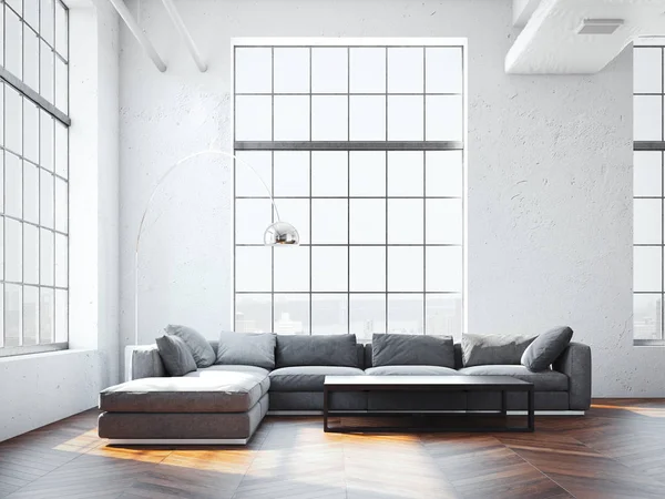 Современный интерьер с большим серым диваном. 3d-рендеринг — стоковое фото