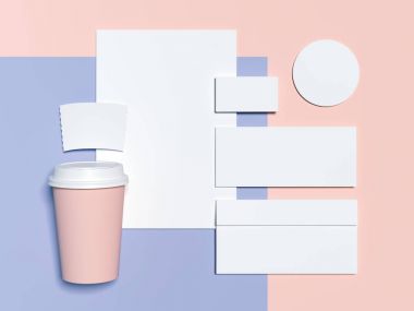 Mavi-pembe marka mockup boş çarşafları, zarf ve kartvizit. 3D render