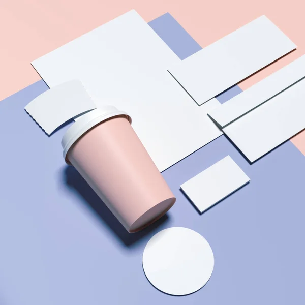 Μπλέ-ρόζ branding mockup με κενά φύλλα, φάκελος και φλιτζάνι καφέ. 3D rendering — Φωτογραφία Αρχείου