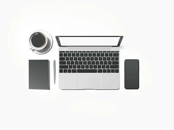 현대 노트북, 스마트폰 및 커피 컵입니다. 3 차원 렌더링 — 스톡 사진