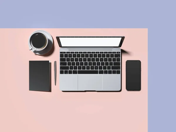 Modern laptop and coffee cup on blue-pink background. 3d rendering — Stock Photo, Image